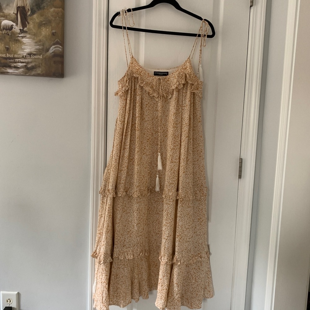INTHEBEGINNING Los Angeles Floral Tiered Maxi Dress Mustard Yellow Small Boho